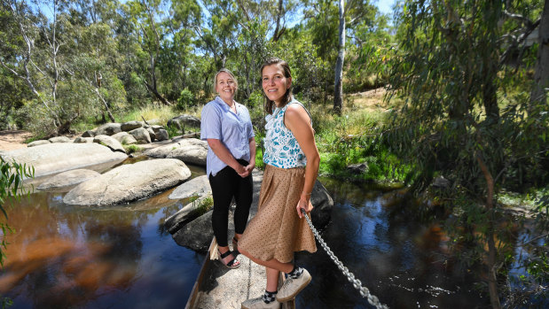 Kristy Hourigan and Sally Hayes-Burke at the banks of the Seven Creek in Euroa. 