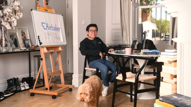 Airtasker chief executive Tim Fung working from home during the coronavirus pandemic. 