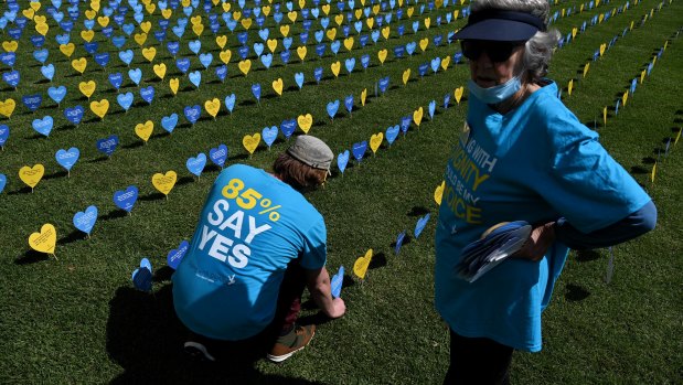 Thousands of hearts with messages of support for voluntary assisted dying in The Domain behind NSW Parliament.