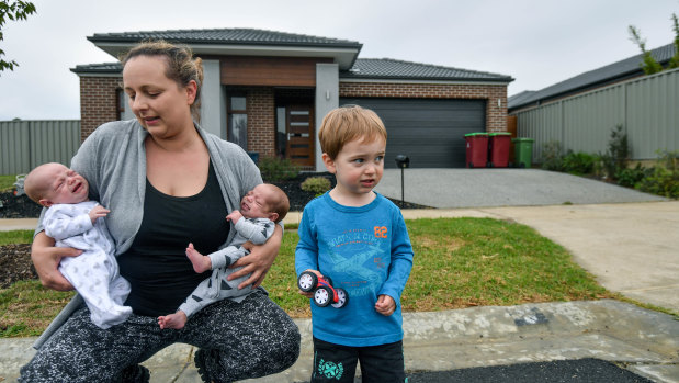 Cranbourne East resident Emma Gainsford with her kids David, 2,  and twins Mia and Joshua (on right), three months. 