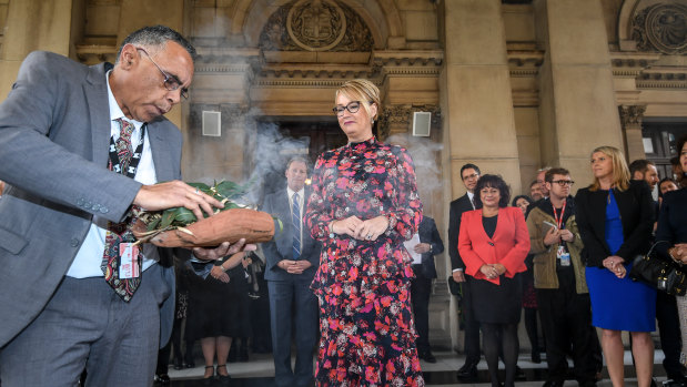 A smoking ceremony was held as part of Sally Capp's swearing-in as Melbourne lord mayor.