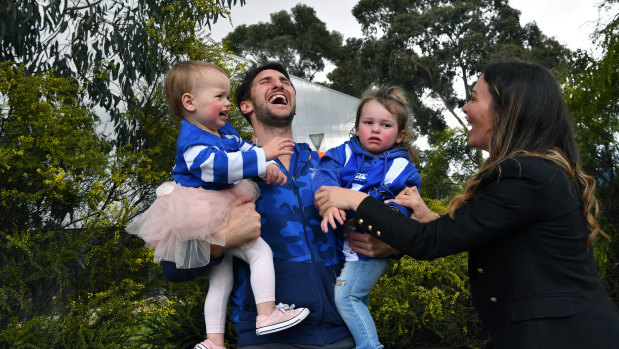 Jarrad Waite with wife Jackie and children Teddy and Lola on Tuesday,