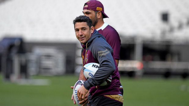 Billy Slater won't play, but remains on hand for guidance of the young Maroons team.