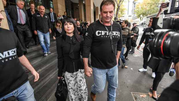 John Setka leaving court with wife Emma Walters in May, 2018, after blackmail charges against him were dropped.