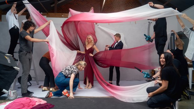 Kate Miller-Heidke and Eurovision hosts Myf Warhurst and Joel Creasey during The Guide's Eurovision cover shoot.