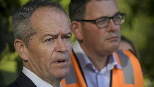 Opposition leader Bill Shorten and Premier Daniel Andrews at a Metro Tunnel construction site in Melbourne on Friday.