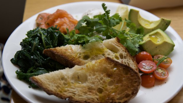 McCarthy orders the Fresh Aussie - Bills’ gravlax with poached eggs, greens, sourdough, avocado and cherry tomatoes.