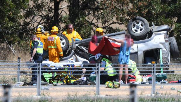 A woman has died in a horrific crash on the Western Freeway near Ballarat.