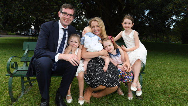 Dominic Perrottet with his wife Helen and children, left to right, Annabelle, William, Amelia and Charlotte in January 2017.