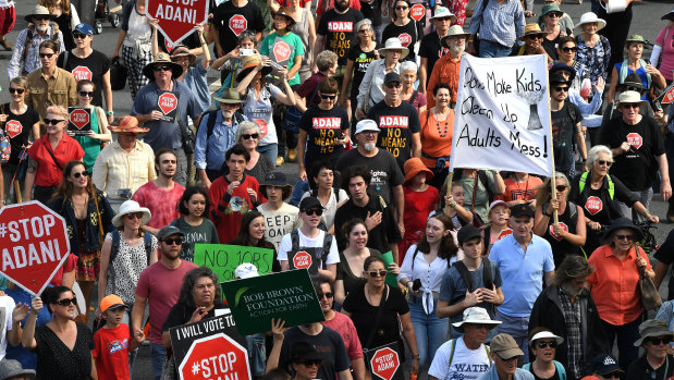 Thousands marched in the anti-Adani rally in Brisbane on Monday.