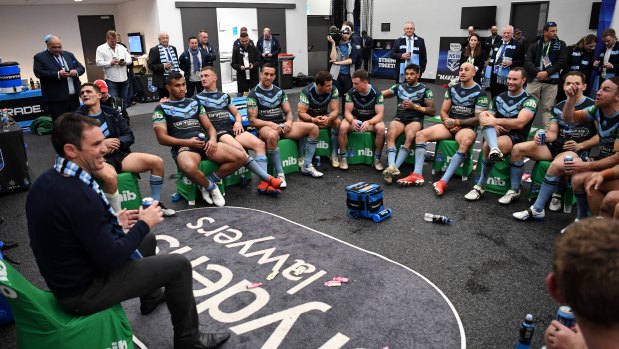 Relaxed as ever, Brad Fittler addresses his triumphant Blues in Perth.