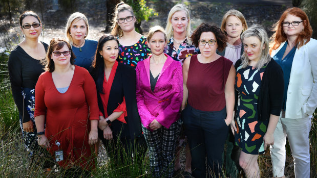 Women in medicine: (back row) Dr Nisha Khot, A/Prof Marie Bismark, Dr Jordan Walter, A/Prof Jane Munro, Dr Mya Cubitt, Dr Helen Schultz (front row), Dr Sonia Fullerton, Dr Anita Goh, Dr Jill Tomlinson, Dr Rebecca Szabo, Dr Ashleigh Witt