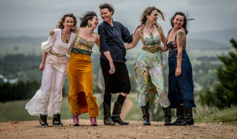 Braidwood designer Sky Mazurkiewicz (centre) makes the jewellery to go with Saloon's wild west pieces. She's pictured with (from left) AJ Gillin, Jane Magnus, Lily Munnings and Dena Pezzano-Pharaoh, all wearing the label.