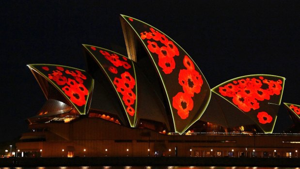 The Opera House displays poppies on the sails in recognition of Remembrance Day.