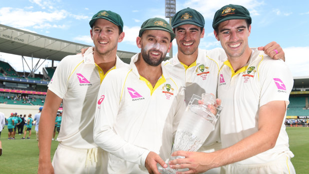 Australia's bowling attack (lt-rt) Josh Hazlewood, Nathan Lyon, Mitchell Starc and Pat Cummins after winning the Ashes last summer.