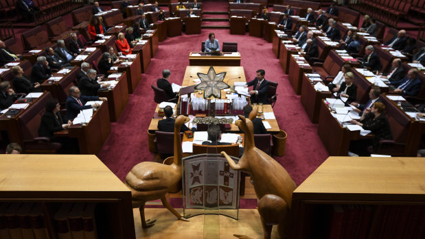 The emu and the kangaroo of the Australian coat of arms look down on the Senate chamber during Question Time.