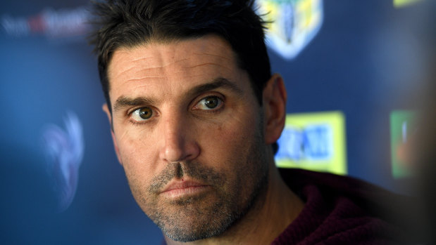 No comment: Manly coach Trent Barrett speaking to media on Thursday.