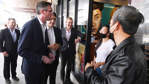 Out and about: Premier Perrottet, Minister Rob Stokes and MP Geoff Lee visit the revitalised Church St in Parramatta as the light rail is completed.