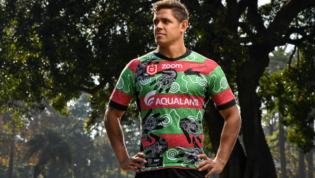 Tribute: Dane Gagai poses in South Sydney's Indigenous round jersey, which features the handprints of stars including Greg Inglis.