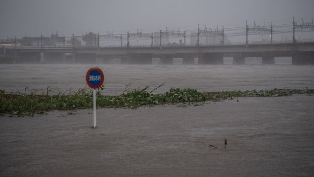 A sign is partially submerged as the Tama River floods.