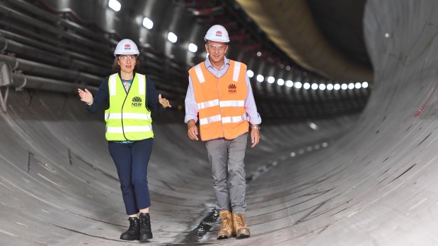 Premier Gladys Berejiklian and Transport Minister Andrew Constance in a metro rail tunnel on Thursday.