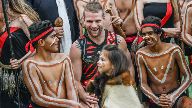 Jake Stringer with Indigenous performers at the Dreamtime at the 'G rehearsal.