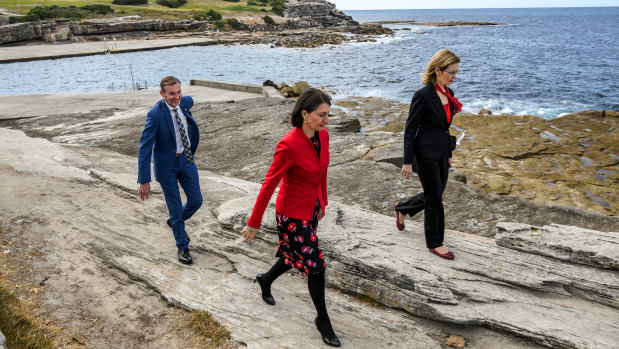Marine park view: Premier Gladys Berejiklian (centre), with Gabrielle Upton, Environment Minister, and Bruce Notley-Smith, member for Coogee, at Thursday's announcement.