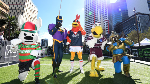 Advance party: Mascots from some of the NRL clubs pose in Brisbane.
