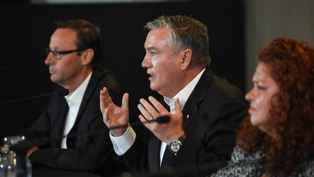 Collingwood CEO Mark Anderson, President Eddie McGuire and the club’s Integrity Committee member Jodie Sizer during a media conference into the report that found “systemic racism” at the club.