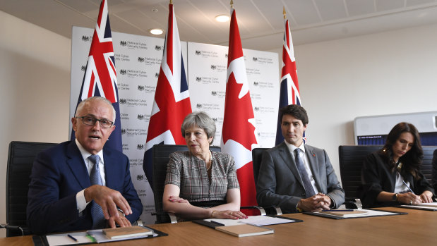 Prime Minister Malcolm Turnbull, British Prime Minister Theresa May, Canadian Prime Minister Justin Trudeau and New Zealand Prime Minister Jacinda Ardern at the intelligence meeting in London.