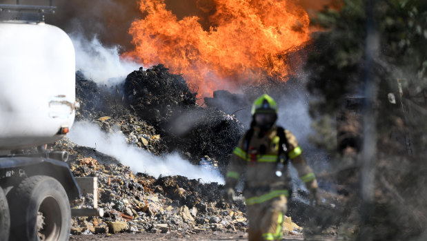 Firefighters attend to a blaze at the Knox Transfer Station in Wantirna South in April.