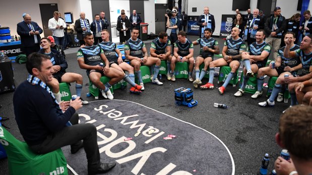 'Madness': Brad Fittler addresses the victorious NSW players after the match. 