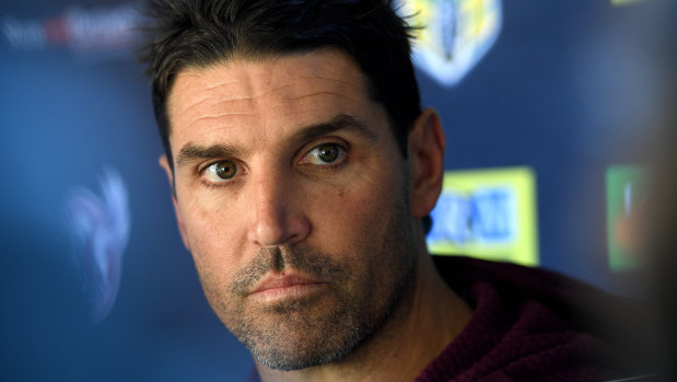 No comment: Manly coach Trent Barrett speaking to media on Thursday.