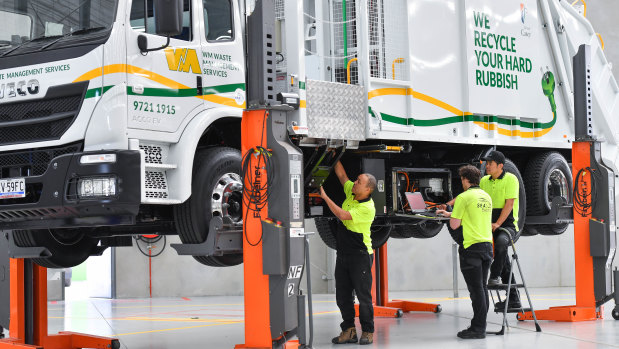 An electric waste management truck at SEA Electric's Dandenong South facility.