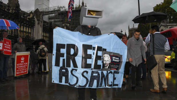 A supporter of Julian Assange protests outside the Houses of Parliament.