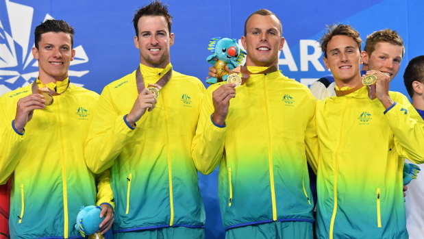 Gold rush: Jack Cartwright, far left, with James Magnussen, Kyle Chalmers and Cameron McEvoy during the medal ceremony for the men's 4x100m freestyle relay final at the Commonwealth Games.