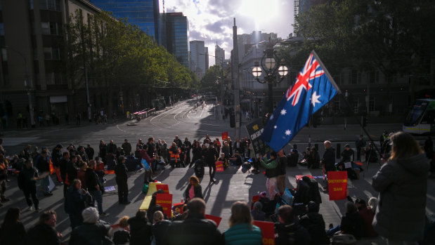 Protesters outside Parliament House on Monday night.