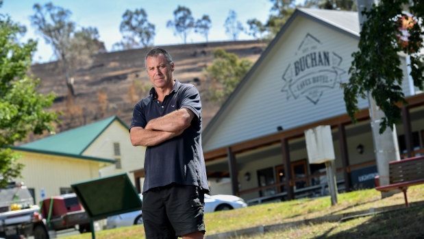 Publican Greg Brick in front of his Buchan hotel, which was rebuilt after burning down five years ago. This time he lost his house and farm. 