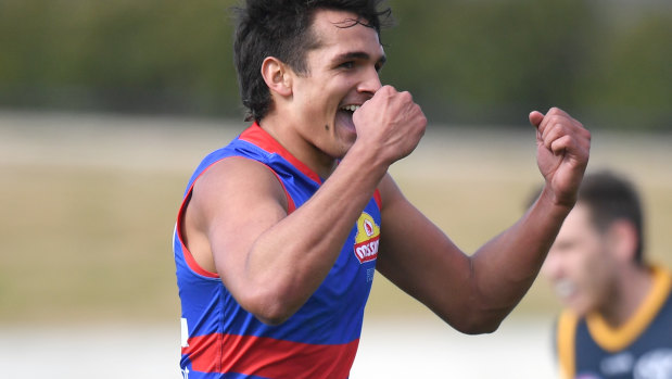 Jamarra Ugle-Hagan celebrates a goal against the Crows in Ballarat.