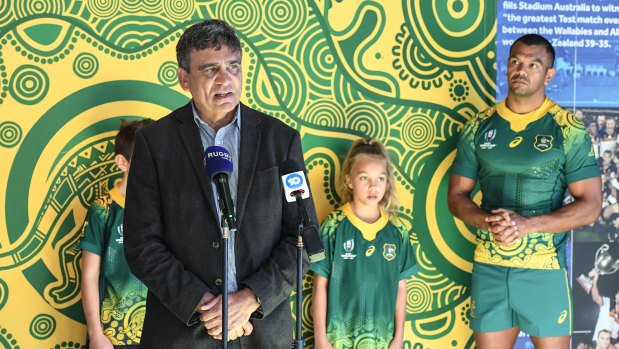 Gary Ella speaking about the Indigenous jersey at Rugby Australia headquarters on Thursday morning. 