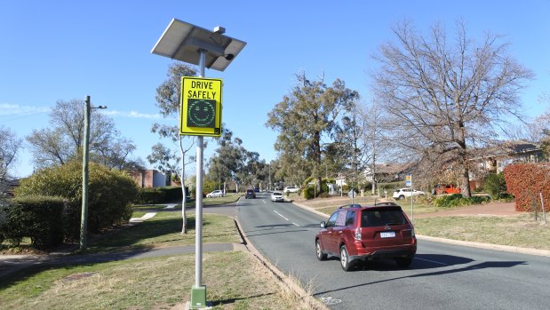 The smiley-faced speed detection sign on Stonehaven Crescent, Deakin, which has a 50km/h speed limit.