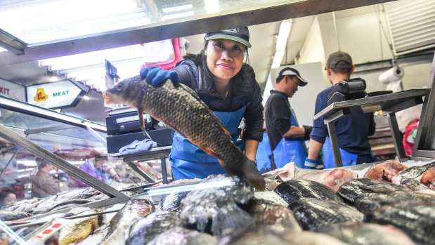 Lan Do notices more people buy fish when drought pushed meat and produce prices higher. 