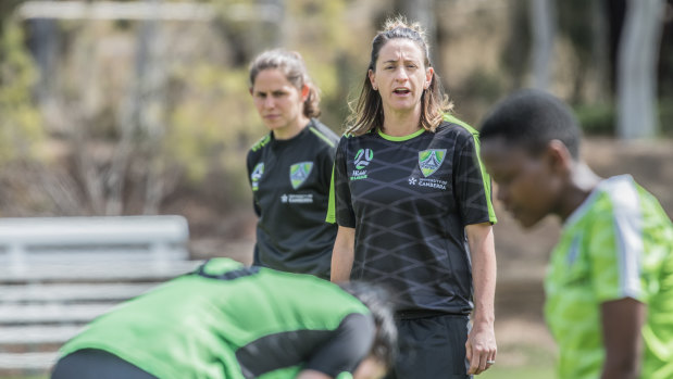 Canberra United coach Heather Garriock giving orders at pre-season training. 