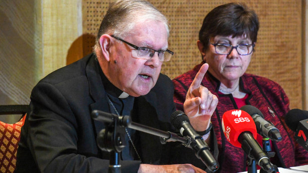 Australian Catholic Bishops Conference president Archbishop Mark Coleridge with Sister Monica Cavanagh of Catholic Religious Australia.