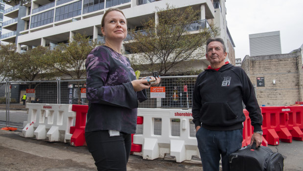 Renter Kelly McAleer and her dad, Pat, returned to the empty Mascot Towers building to collect some belongings on Tuesday.