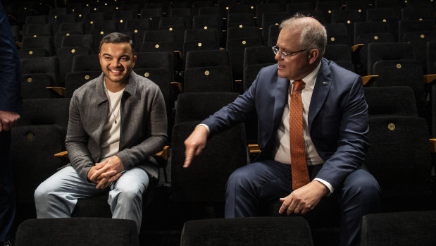 Guy Sebastian with Prime Minister Scott Morrison, who announced the JobMaker package at West HQ (formerly known as Rooty Hill RSL) on Thursday.