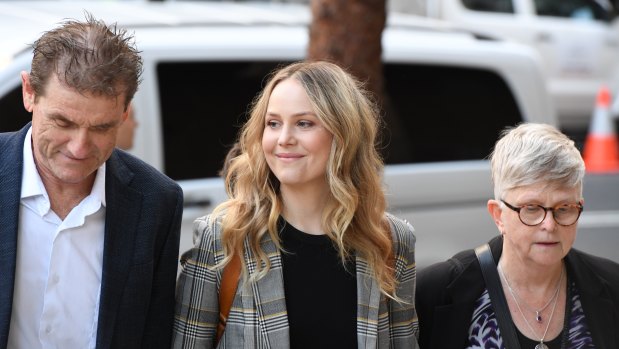 Eryn Jean Norvill arrives at the Federal Court to give evidence against Geoffrey Rush.