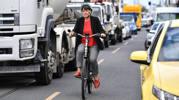 Moreland mayor Natalie Abboud on her electric bike.