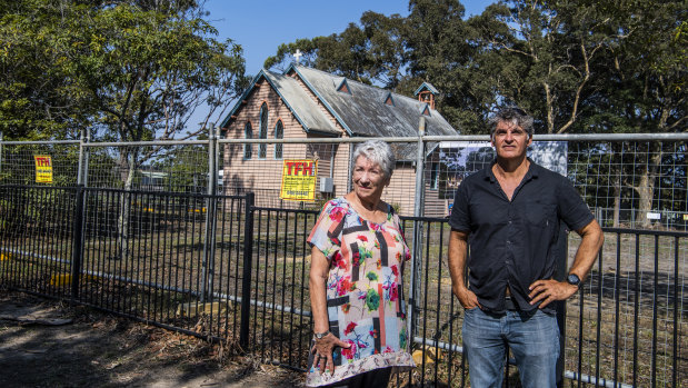 Historian Shirley Fitzgerald and Alfred Wellington, the head of the Jerrinja Local Aboriginal Land Council, in front of the Holy Trinity Family Church in Huskisson on the NSW South Coast.