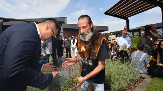 Yarra mayor Daniel Nguyen with uncle Colin Hunter Jr  during a smoking ceremony on January 26, 2018.